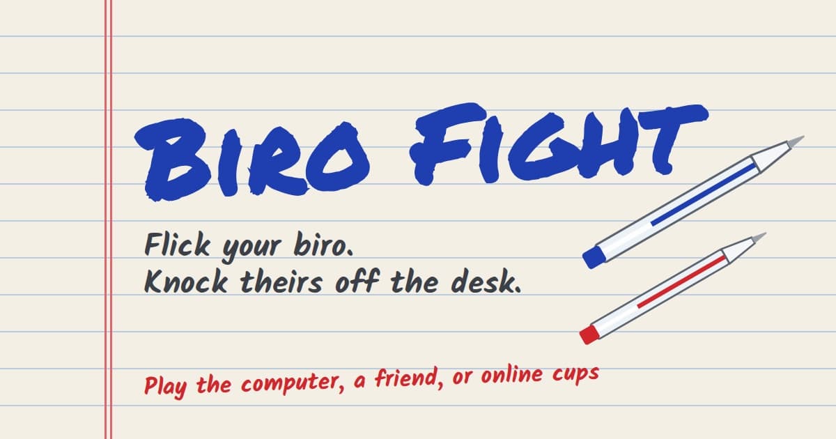 Biro Fight title on lined exercise-book paper with two biros