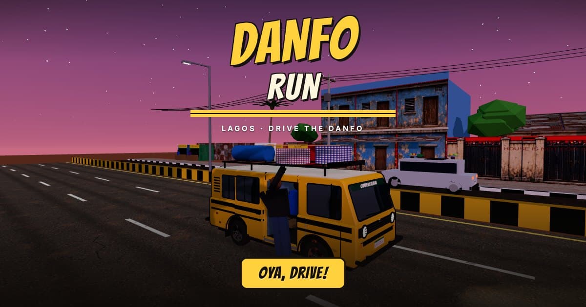 A yellow danfo bus on a Lagos road at dusk