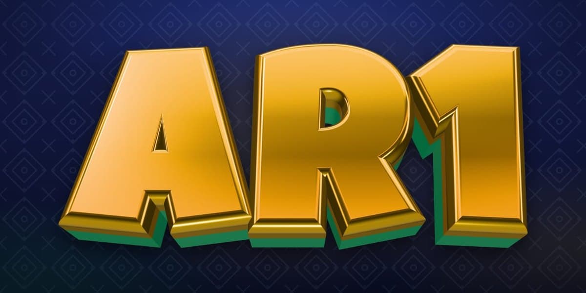 The gold AR1 logo on a navy patterned background