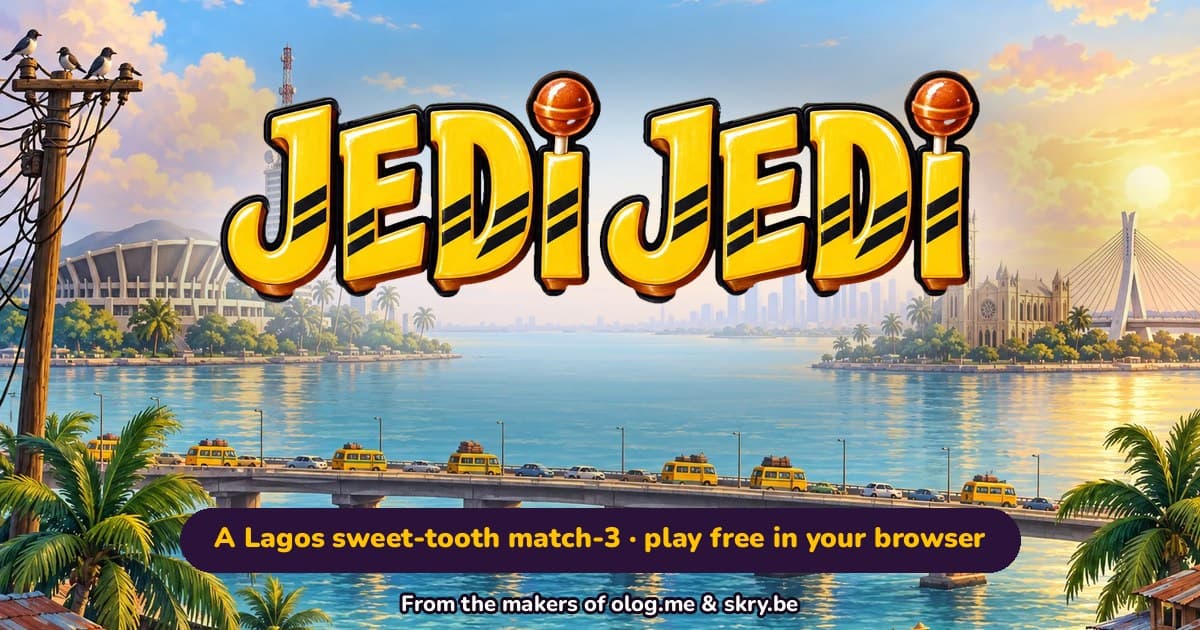 The Jedi Jedi logo over the Lagos lagoon, with danfos crossing Third Mainland Bridge