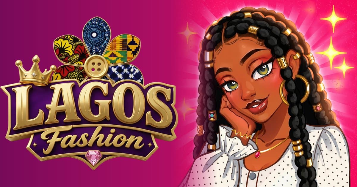 The Lagos Fashion logo beside a stylish girl with braids on a pink background